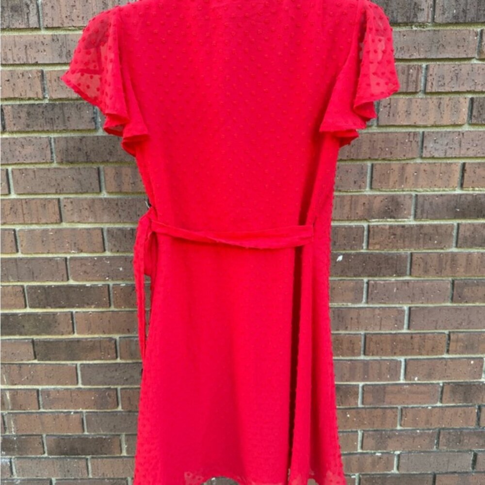 Lulus Much to Celebrate Red Swiss Dot Flutter Sleeve Wrap Mini Dress Size Small - Picture 7 of 11